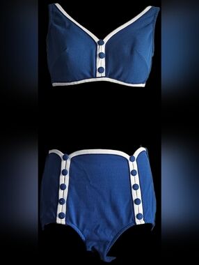 Vintage 50s Pin Up Bikini Blue White High Waist Rockabilly Swimsuit XS XXS